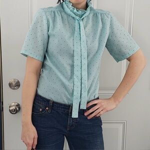 Vintage Polka Dot Ruffle Blouse - Light Blue